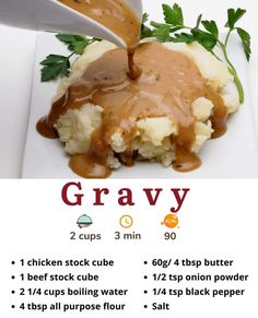 the gravy is being drizzled on top of mashed potatoes