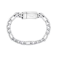 Embrace universal style with this stainless steel Figaro link bracelet. The Figaro link makes a powerful statement with its varied link sizes, and the stainless steel finish is perfect for a unisex piece. This bracelet can become a personalized keepsake. The clasp has an engravable surface on the back side. When you place your order, simply indicate the message you want included to make this piece your own. The bracelet can also be ordered in four colors, and you can further customize your brace Bracelet Gold For Men, Soaking Wet, Beach Shower, Times New Roman, Link Chain Bracelet, Engraved Bracelet, Precious Jewelry, Steel Jewelry, Cool Suits