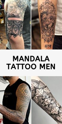 many different types of tattoos on the arms and arm, with words that read mandala tattoo men