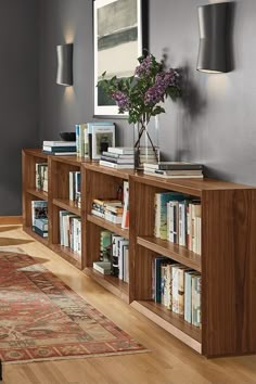 a living room filled with lots of books on top of a wooden shelf next to a rug