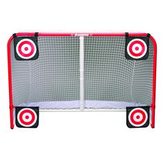 a red and white hockey goal with two bulls on it