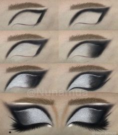 Drag Eyeshadow Tutorial, Black N White Makeup Looks, Cruella Deville Eye Makeup, Black White And Grey Eye Makeup, Cruella Eye Makeup, Dark Eye Shadow Looks, Black And White Smokey Eye