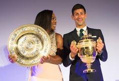 a man and woman holding trophies in front of a purple background with the words your 25 singles champions - serena williams & nick