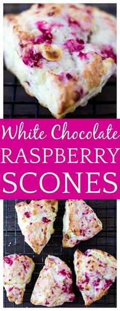 white chocolate raspberry scones on a cooling rack with text overlay that reads, white chocolate raspberry scones