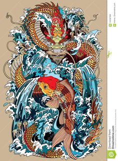 Dragon Koi Fish, Waterfall Tattoo, Koi Dragon Tattoo, Koi Dragon, Japanese Myth, Fantasy Poster, Japanese Mythology, Koi Fish Tattoo, Carpe Koi