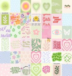 a collage of many different images with words and symbols on them, all in pastel colors