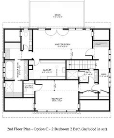 the second floor plan for a two bedroom house with an attached bathroom and laundry room