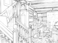 this is an image of a drawing of a room with stairs and bookshelves