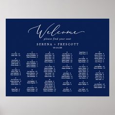 a blue wedding seating chart on a wall