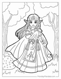 a coloring page with a princess in the woods