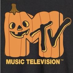 a black t - shirt with an image of a pumpkin and the words music television on it