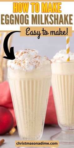 an eggnog milkshake with whipped cream and cinnamon on top is shown