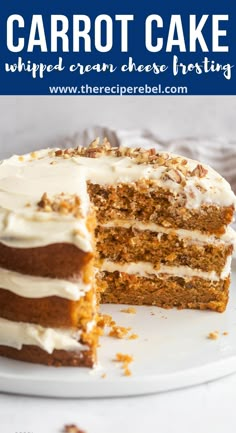 carrot cake with cream cheese frosting is cut into slices and on a white plate