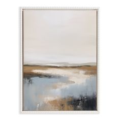 an abstract painting with white, beige and black colors on the wall above it is a large body of water