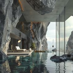 an indoor swimming pool in the middle of a cliff side area with large rocks surrounding it