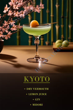 an advertisement for a lemon juice drink on a table with flowers in the background and text that reads kyto dry vermouth