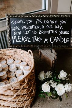 a sign that says thank you for coming you have brighter our day now let us brighten in yours please take a candle