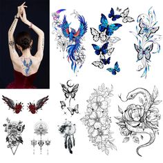 several different tattoos and designs on the back of a woman's body, including butterflies