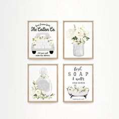 four bathroom wall hangings with flowers and bathtub in the middle one is white