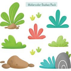 watercolor plants and rocks clipart set