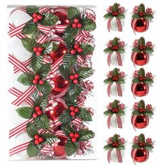 christmas decorations with red and green bows, holly leaves and baubles on a white background