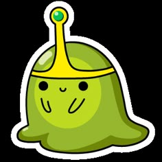 a green cartoon character with a yellow crown on his head