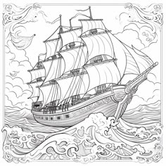 a coloring book page with a ship in the ocean and clouds above it, as well as