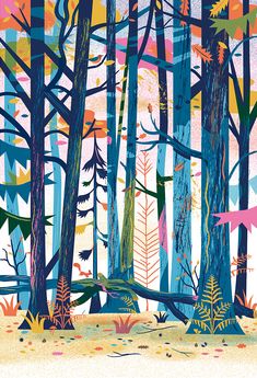 an illustration of trees and plants in the woods