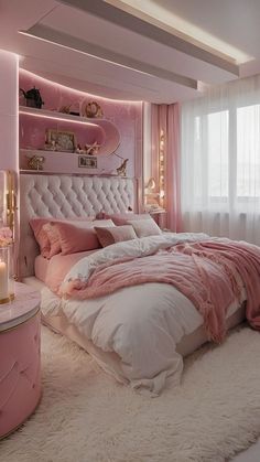 a bedroom decorated in pink and white with lots of lights on the headboard, bedding, and rugs