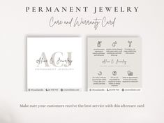 an ad for permanent jewelry with the words permanent jewelry and warranty card on it