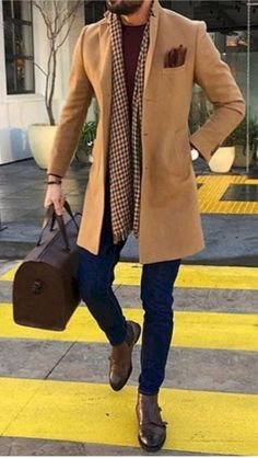 stylish menswear #mensbags #mensbagsmessenger #bagsformen Trench Coat Outfit For Men, Mens Fashion British, Men’s Business Clothes, Mens Camel Coat Outfits, Men Coat Outfit Formal, Camel Coat Outfit Men, Camel Overcoat Men Outfit, Men Trench Coat Outfit, Peacoat Scarf