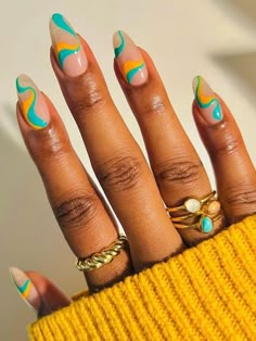 light turquoise and teal swirls with orange accent 2023 Green Nails, Nails 2023 Green, Pretty Nails Coffin, Nude Nails Short, Turquoise Nail Designs, Short Trendy Nails, Nail Design Acrylic, Nail Ideas Cute, Nails Cute Summer