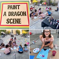 children painting and drawing in front of a sign that says, paint a dragon scene