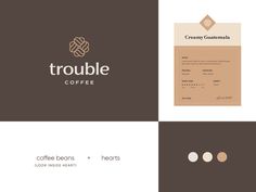 the logo for trouble coffee is shown in three different colors and font styles, including brown,