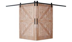 an open wooden door with black hardware on the top and bottom bars hanging from it's sides