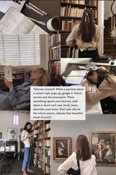 the collage shows two women reading books in front of an open bookcase and another woman sitting at a desk