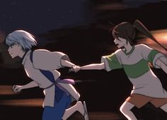 two anime characters are playing with each other in front of the night sky and stars