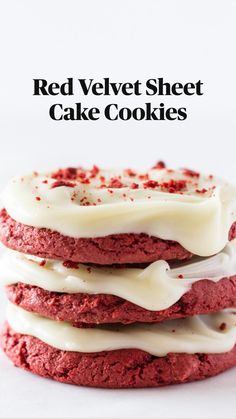 red velvet sheet cake cookies with white frosting on top and the title reads, red velvet sheet cake cookies