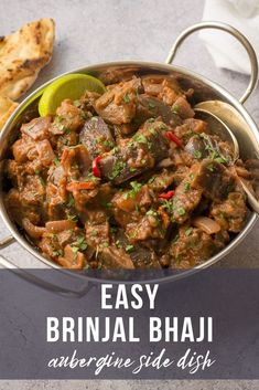 an image of easy brinjal bhaji recipe in a pan with bread on the side