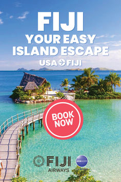 an advertisement for the fiji airway's island escape, featuring a pier over water