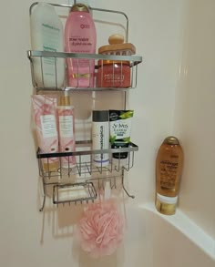 a shower caddy filled with personal care products