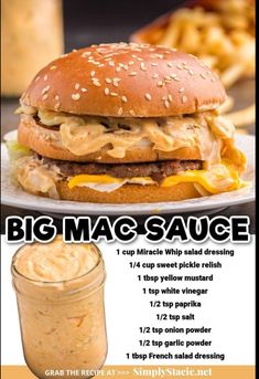 the big mac sauce is in front of a hamburger