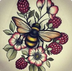 a drawing of a bee surrounded by flowers