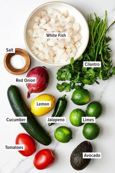 the ingredients for this recipe include avocado, limes, red onion, lemon, cilantro, tomatoes, and green beans