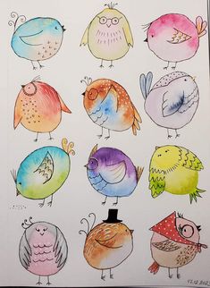 a drawing of different colored birds sitting on top of each other