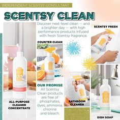 an advertisement for the scenty cleanser is shown in several different pictures, including oranges and lemons