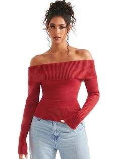 Ribbed Off Shoulder Sweater Shirt - Long Sleeve-SUUKSESS-Red-XS-SUUKSESS Over The Shoulder Sweater, Fall Tops, Lace Top Long Sleeve, Stylish Sweaters, Tops Blouse, Off Shoulder Sweater, Ribbed Knit Sweater, Tops Fall, Casual Sweaters