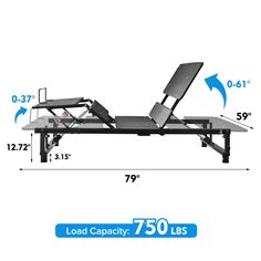 the adjustable bed frame is shown with measurements for each side, and an additional height to fit