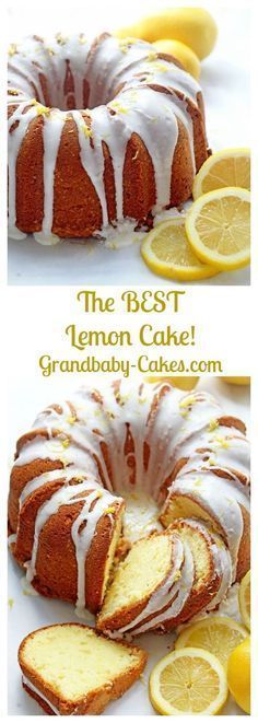 two pictures of a lemon cake with white icing and sliced lemons on the side