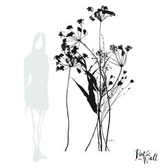 the silhouette of a woman standing next to a plant with long, slender stems in it